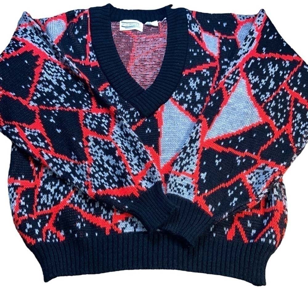 Large Vintage Forum Mens Knit V Neck Sweater Made in Italy Vibrant Colors